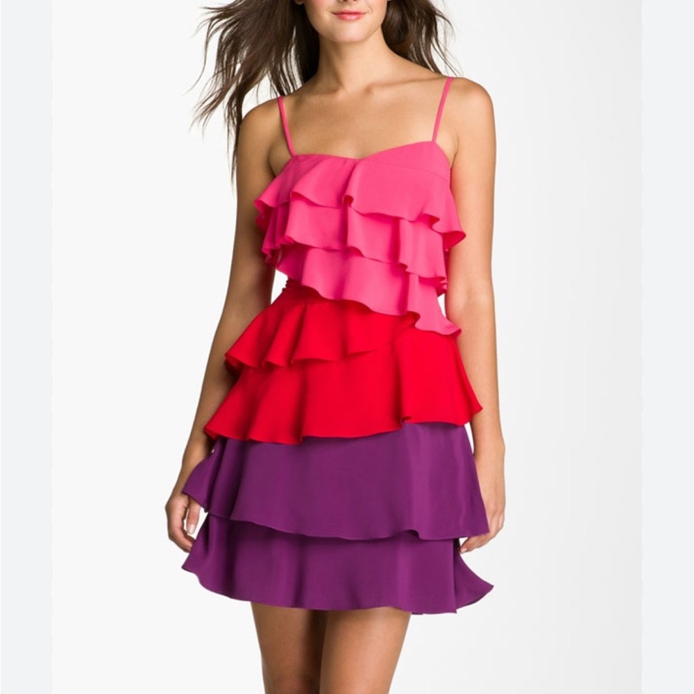 Calvin Klein Pink Red Purple Tiered Ruffle Midi Dress